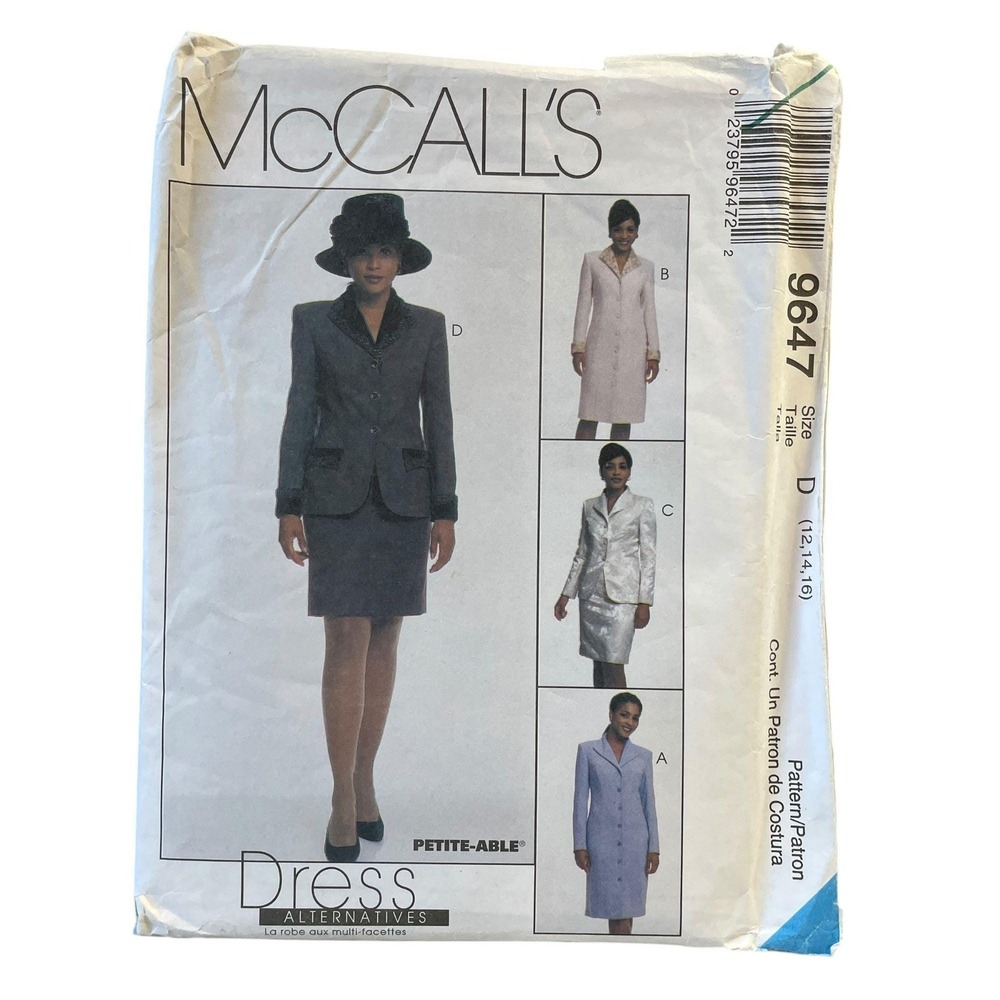 McCall's 9647 Coatdress Jacket Skirt Sewing Pattern Misses 12-16 Uncut FF